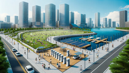 Fototapeta premium Sunny Strolls and Solar Power: Waterfront Park Merges Recreation with Sustainable Charging Solutions