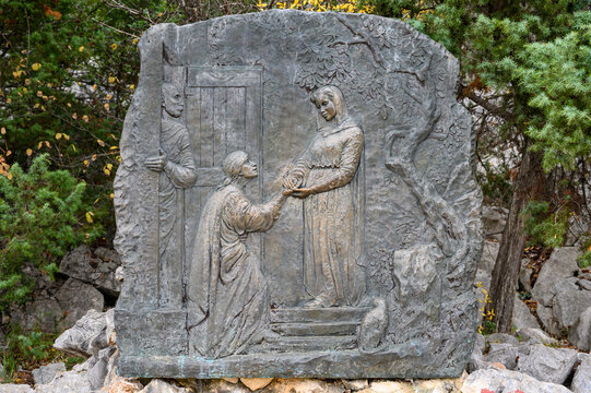The Visitation &ndash; Second Joyful Mystery of the Rosary. A relief sculpture on Mount Podbrdo (the Hill of Apparitions) in Medjugorje.