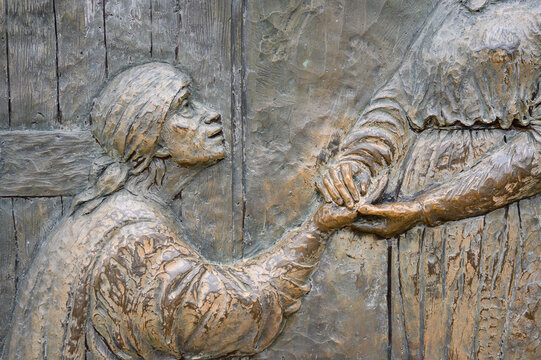 The Visitation &ndash; Second Joyful Mystery of the Rosary. A relief sculpture on Mount Podbrdo (the Hill of Apparitions) in Medjugorje.