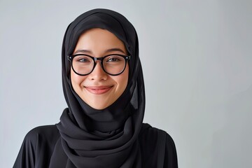 Asian Muslim woman wearing glasses smiling to give greeting during Ramadan and Eid Al Fitr celebration over white background, realistic, HD, copy space - generative ai