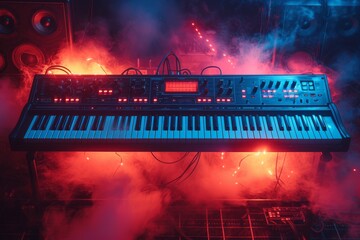 A captivating electronic keyboard illuminated by a dazzling array of red and blue lights, evoking a...