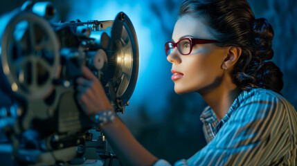 A woman with a retro hairstyle and glasses examines a movie projector - obrazy, fototapety, plakaty