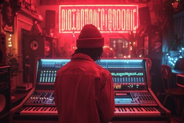 A musician's passion ignites as they don their signature red hat and beanie, standing poised in...