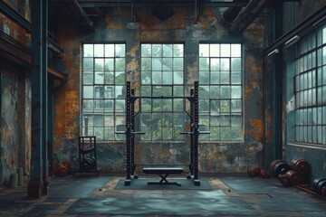 The abandoned building's decaying walls and shattered windows held a forgotten room filled with rusted iron weights, capturing the essence of lost potential and the remnants of a once vibrant gym