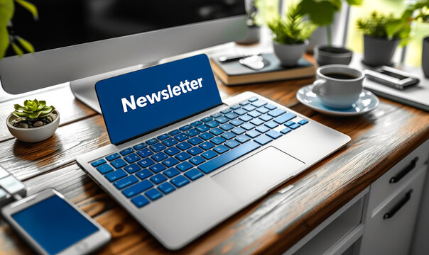 Distinctive blue newsletter key on a white keyboard highlighting digital communication and subscription in the modern electronic marketing era