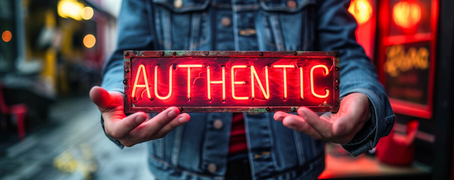 Hands holding a bold AUTHENTIC sign against a bokeh light background, promoting the value of authenticity and originality in personal and professional realms