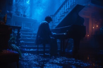 In a dimly lit room, a solitary figure pours their heart out through the keys of a piano,...