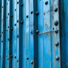 Urban Texture: Blue Corrugated Metal Roof with Industrial Rivets.