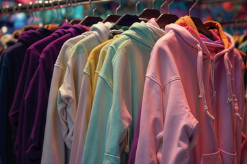 Multicolored youth sweaters and hoodies on hangers in a store clothing concept, Bright colorful sweatshirts hang on hangers in clothing store, multi-colored sweatshirts on a hanger in a store clothing