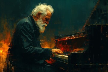 A passionate man skillfully caresses the keys of a grand piano, pouring his heart and soul into...