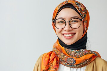 Asian Muslim woman wearing glasses smiling to give greeting during Ramadan and Eid Al Fitr celebration over white background, realistic, HD, copy space - generative ai