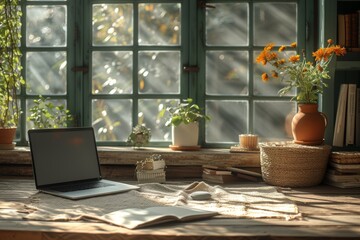 A cozy indoor scene, with a laptop perched on a table next to a vibrant flowerpot and a potted houseplant, as natural light pours in through the window