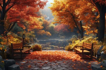Amidst the crisp autumn air, a tranquil park beckons with its vibrant maple trees, inviting benches, and scattered leaves that adorn the ground like a painting of nature's fall symphony