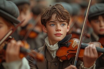 A young boy passionately plays his violin outdoors, his human face focused and clothing adorned...