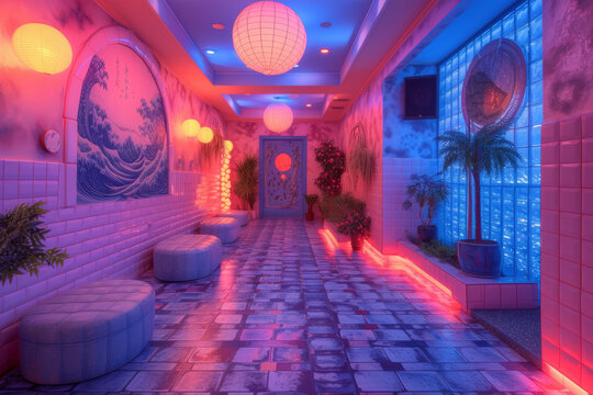 Fototapeta A maximalist urban jungle comes alive with a burst of technicolor, transforming the cityscape into a vibrant playground of electric lights and energetic hues.  Generative Ai.