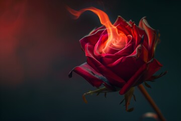 A single, fiery red rose, flames tenderly licking its petals, set against a smooth gradient of dark hues. The image captures the paradox of beauty and destruction in a mystical light.