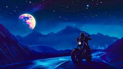 Midnight Ride: Motorcycle Adventure Under the Starlit Sky. Generative ai