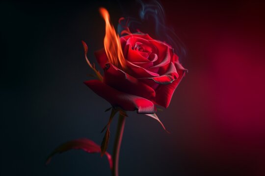 A single, fiery red rose, flames tenderly licking its petals, set against a smooth gradient of dark hues. The image captures the paradox of beauty and destruction in a mystical light.