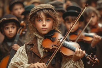 A young concertmaster leads a group of children in a beautiful outdoor performance, their faces...