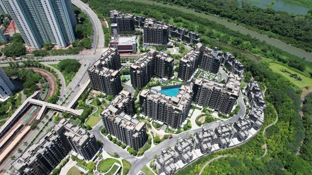 Drone Aerial skyview of Wetland Park, Tin Shui Wai, New Territories, Hong Kong Northern Metropolis Development, A Rural Land Town Development Residential Housing Property Construction Project 
