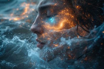 A photo manipulation of a person with a galaxy pattern within, and waves flowing out, symbolizing universal connection. Concept of universal mind and cosmic connection. Generative Ai.