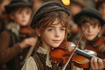 A young girl passionately plays her violin, her face focused and clothing elegant, surrounded by...