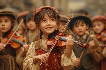 A talented young girl leads a group of children in a beautiful outdoor symphony, their faces filled...