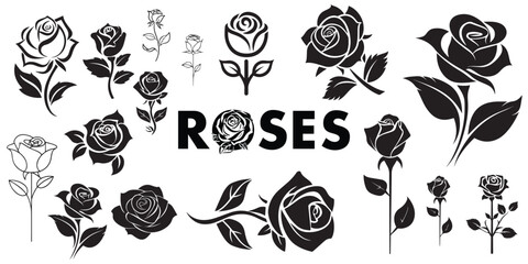 flower, drawing, rose, set, stencil, symbol, outline, monochrome, graphic, emblem, flora, element, bud, collection, botanical, engraving, decoration, blossom, rose - flower, cut out, elegance, leaf