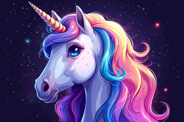 Obraz na płótnie Canvas Unicorn head with rainbow mane, cute cartoon style drawing. design for poster, sticker, cover, postcard