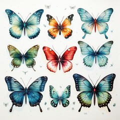 Beautiful colorful butterflies pattern on white background illustration. Different types of butterflies art. Insects butterflies stickers print, ornament.