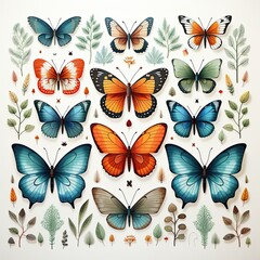 Beautiful colorful butterflies pattern on white background illustration. Different types of butterflies art. Insects butterflies stickers print, ornament.