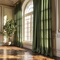 Chic Curtain Design: Green Chenille Curtains in Room Rendering.