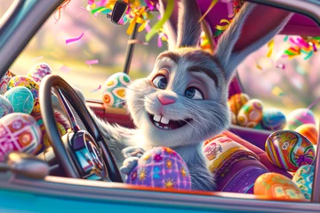 Deurstickers Cute bunny driving car full of Easter eggs, funny rabbit character, Easter cartoon Illustration © zamuruev