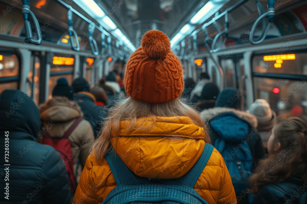 Poster a picture of a crowded public transport scene, representing the daily grind of commuting. concept of