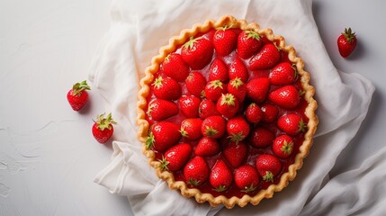Strawberry pie, top view, copy space. Generative AI