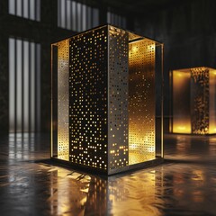 Simple, translucent three-dimensional adhesive with pores on a golden illuminated booth, in a black gold style and modernist style.