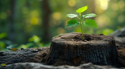 Plant growing on the stump with green bokeh background.