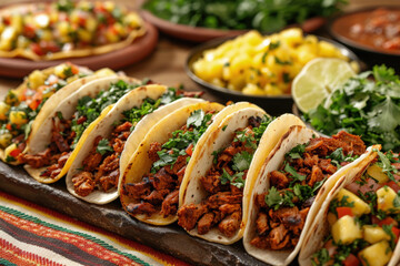 Bright Table Set with Tacos Al Pastor with Marinated Pork, Pineapples and Cilantro, Mexican Cuisine Concept