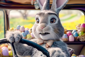 Foto op Plexiglas Cute bunny driving car full of Easter eggs, funny rabbit character, Easter cartoon Illustration © zamuruev