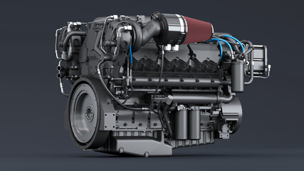 Large industrial black diesel engine on dark background. 3d illustration