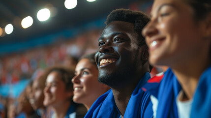 French football soccer fans in a stadium supporting the national team, Equipe tricolore
 - obrazy, fototapety, plakaty