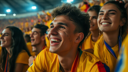 Romanian football soccer fans in a stadium supporting the national team
 - obrazy, fototapety, plakaty