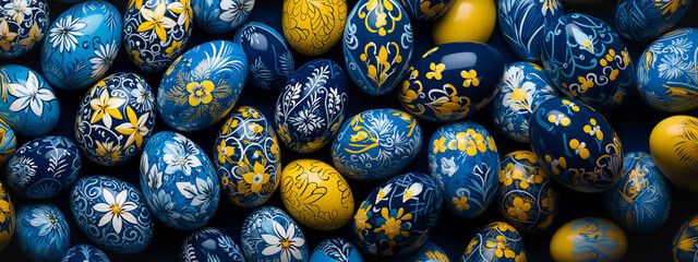 Easter Eggs banner with beautifully detailed floral patterns. Yellow, blue, teal spring flowers hand painted on colorful Easter eggs. Banner panorama for web, mobile, social by Vita - obrazy, fototapety, plakaty