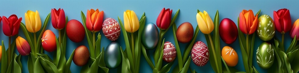 An overhead shot showcasing a variety of glossy Easter eggs, artistically arranged amidst a bed of multicolored tulips on a solid blue backdrop - obrazy, fototapety, plakaty