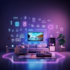 This living room transforms into a tech hub with neon symbols illustrating the seamless integration of smart home capabilities.
