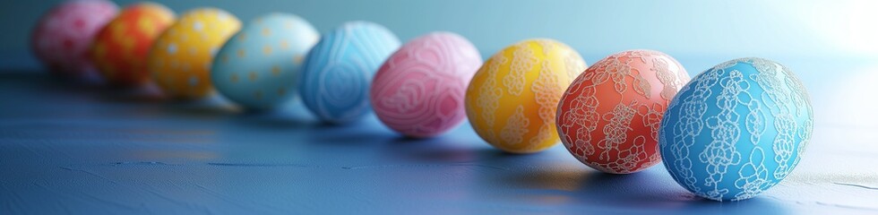 Colorful Easter eggs with delicate, lace-like patterns, arranged in a graceful curve on a matte blue surface. The lighting is gentle and diffuse, highlighting the lace textures.
