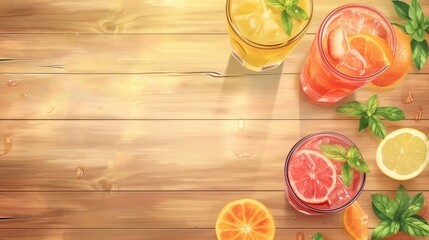 assortment of fresh iced fruit drinks on wooden background, realistic, copy space - generative ai
