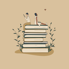 Concept: book is source of knowledge.At tiny African woman with funny boyfriend sitting on stack of books.Volumes with plants as symbol of education.For library or bookstore.Hand-drawn raster