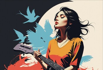 Melody of Dreams: An Artistic Portrayal of Music and Freedom, Female Guitarist with Abstract Birds Illustration - obrazy, fototapety, plakaty