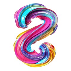 3D style abstract colorful volumetric brush stroke in shape of number 2, painted curvy ribbon, isolated on white background